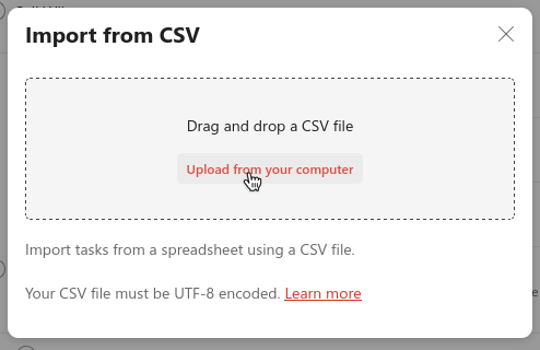 Pop-up box for importing tasks from a CSV file